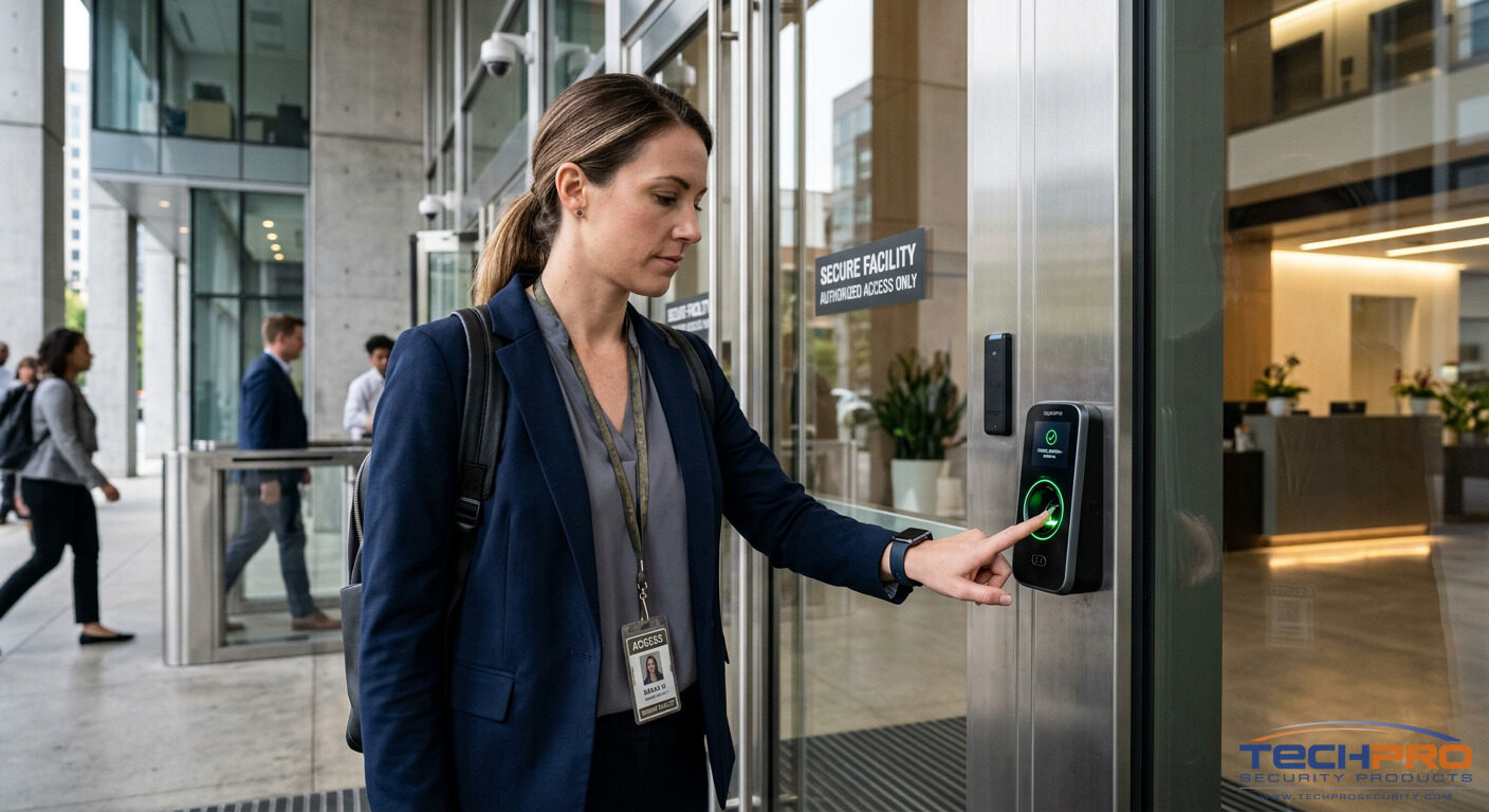 Biometric fingerprint reader at secure facility entrance