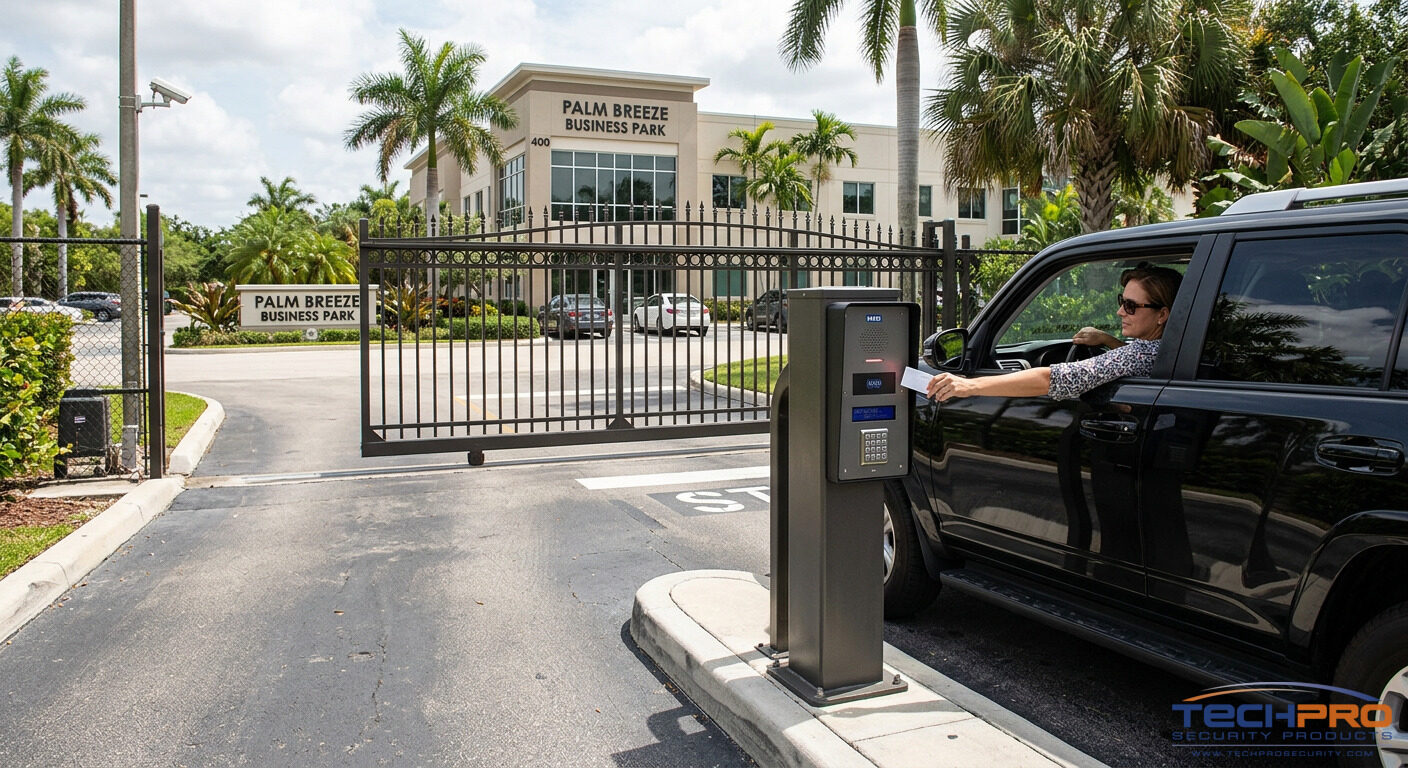 Vehicle gate access control system at commercial property entrance