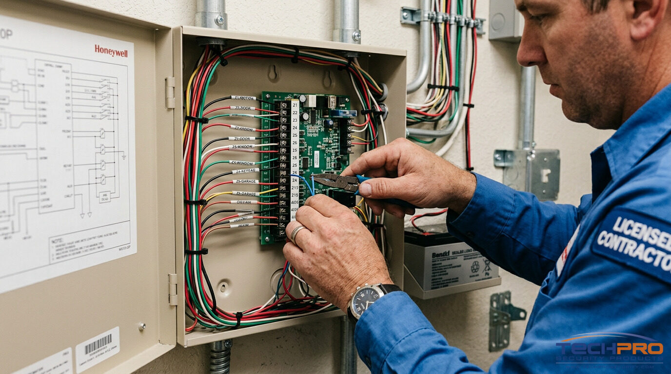 Professional alarm system control panel wiring and zone programming by licensed contractor