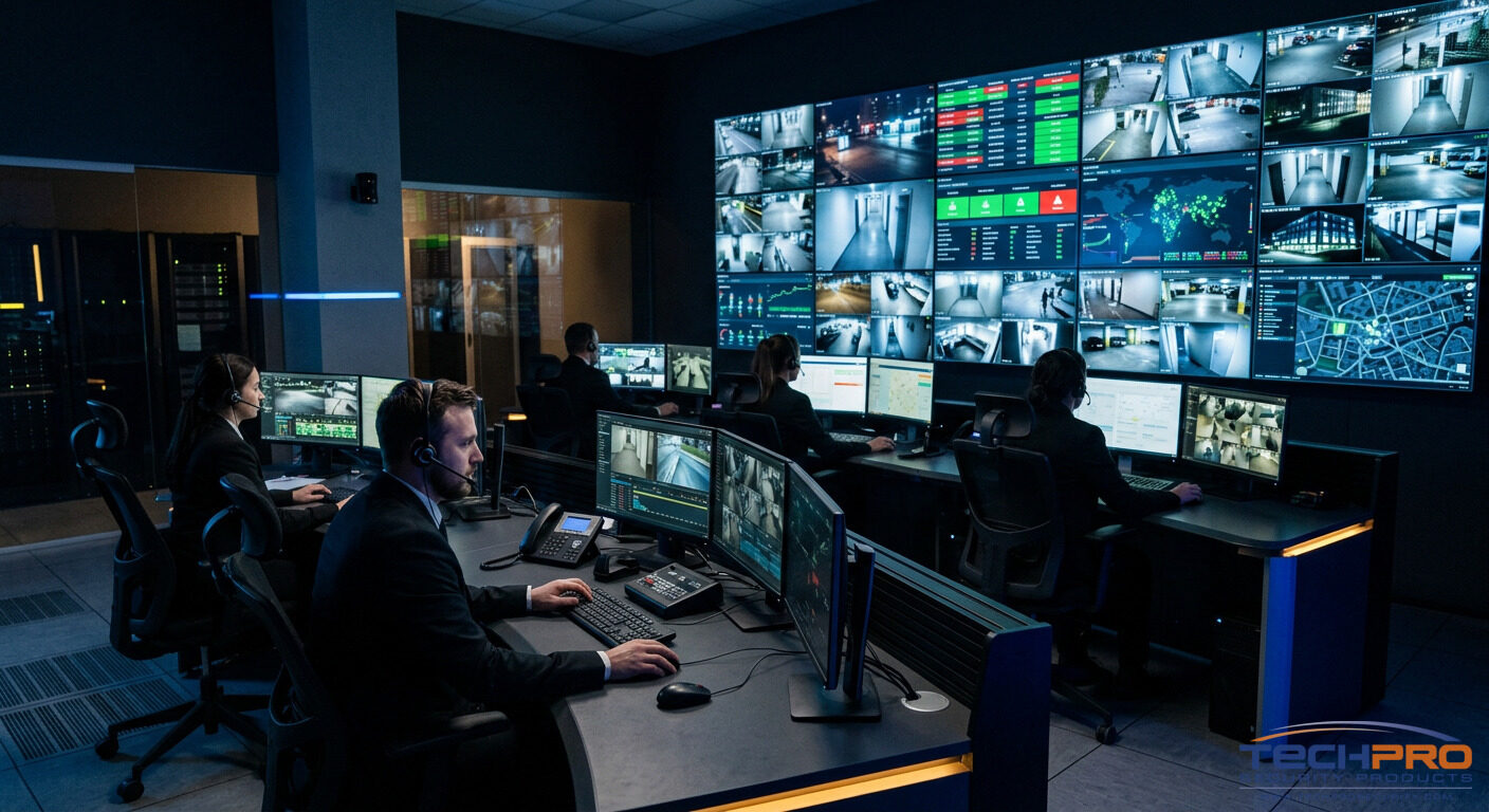 24/7 professional security monitoring center with live alarm status dashboards