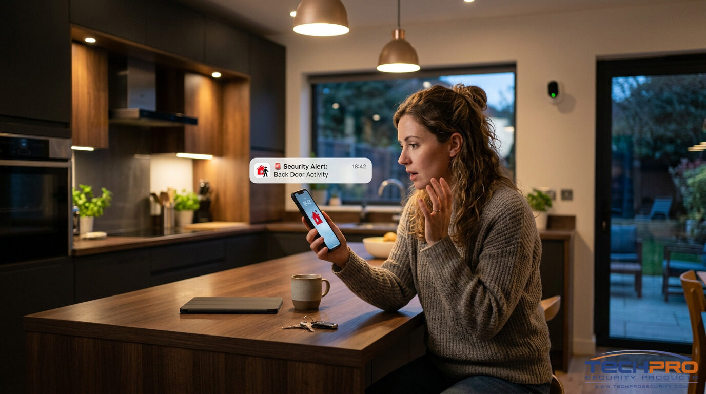 Person receiving real-time security alert notification on smartphone