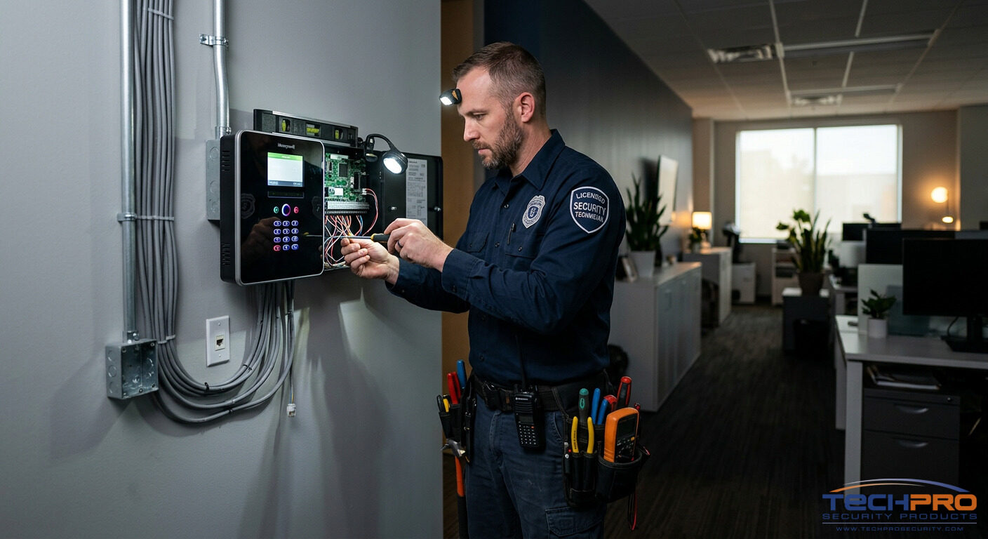 TechPro technician installing alarm control panel