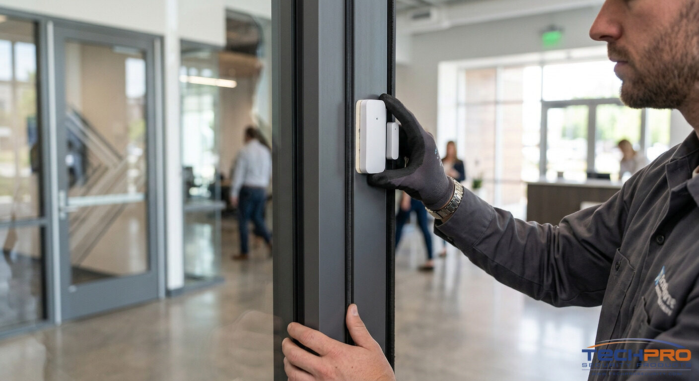 Professional wireless door contact sensor installation on commercial door frame