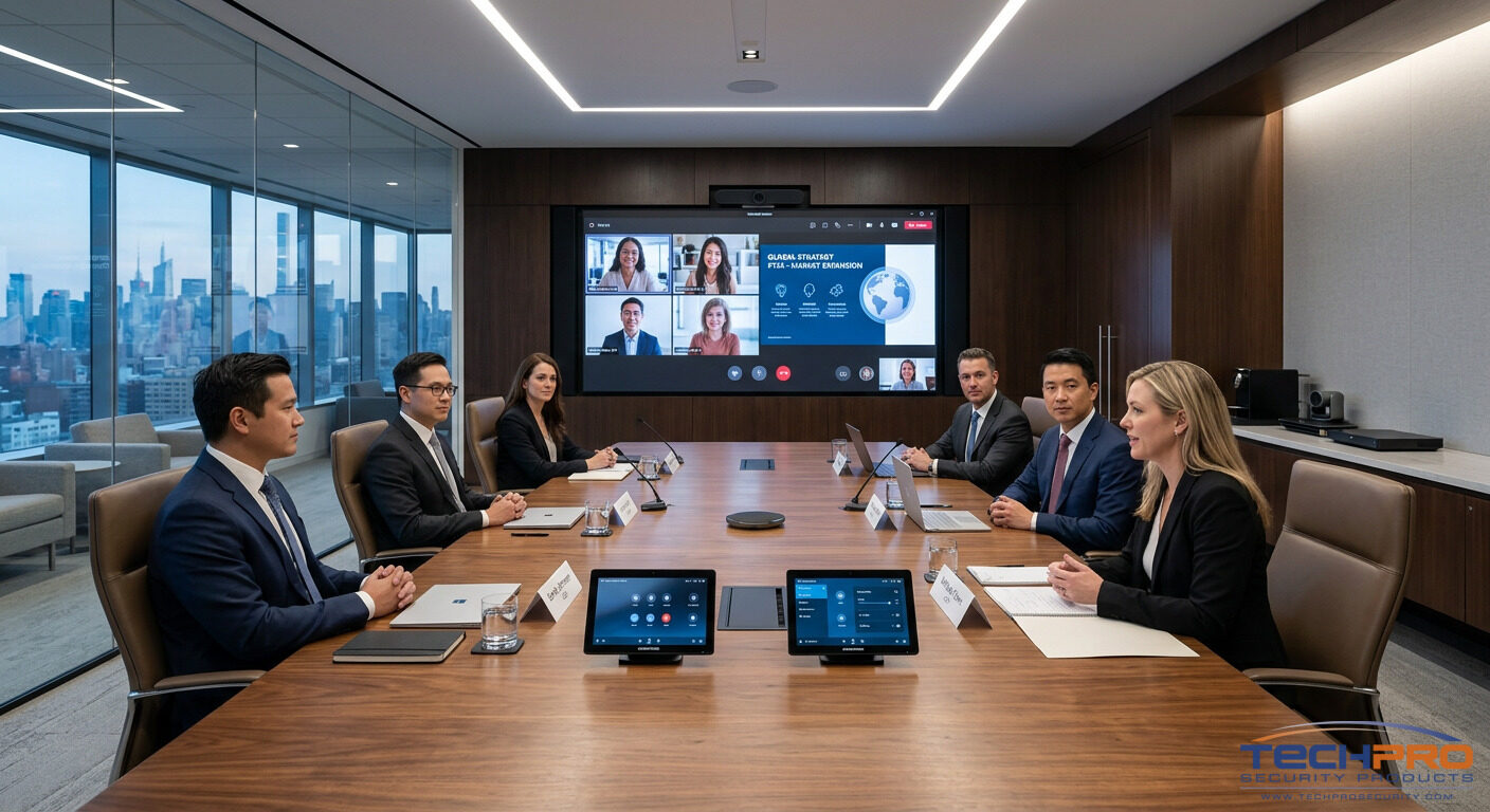 Professional conference room AV system with large format display and video conferencing