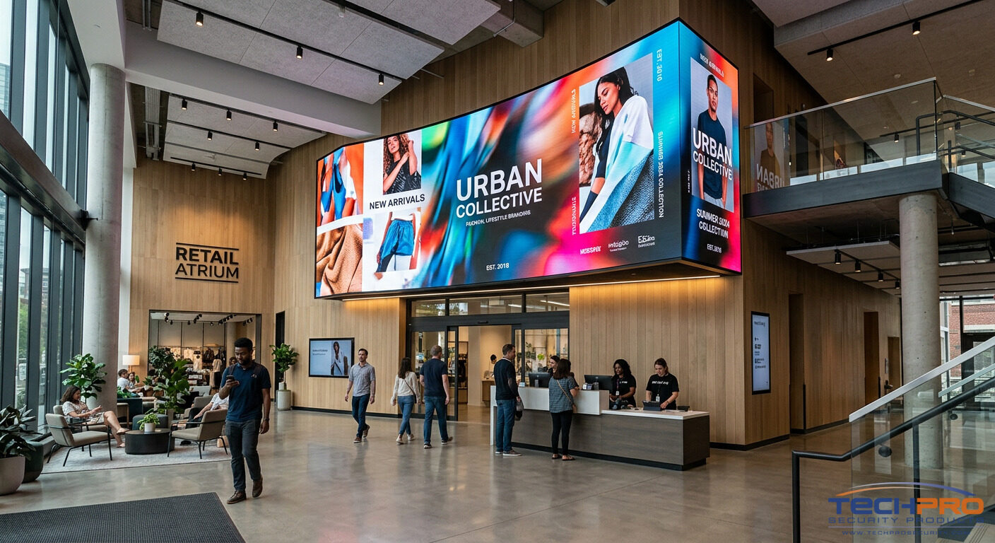 Commercial digital signage installation in modern retail lobby