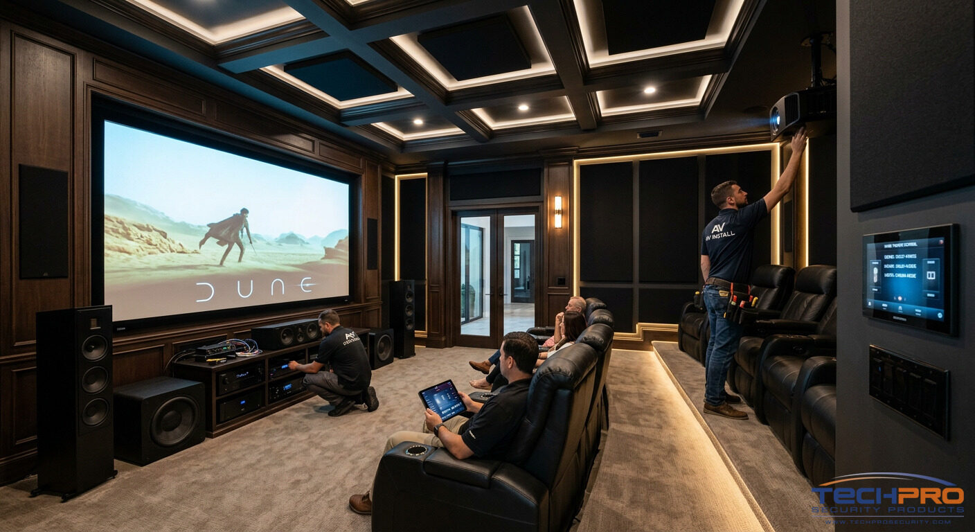 Luxury home theater installation with projection screen and surround sound system