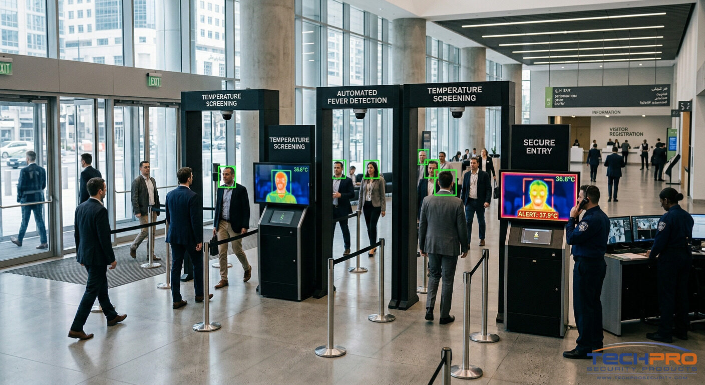 Multi-person body temperature screening system at large facility entrance