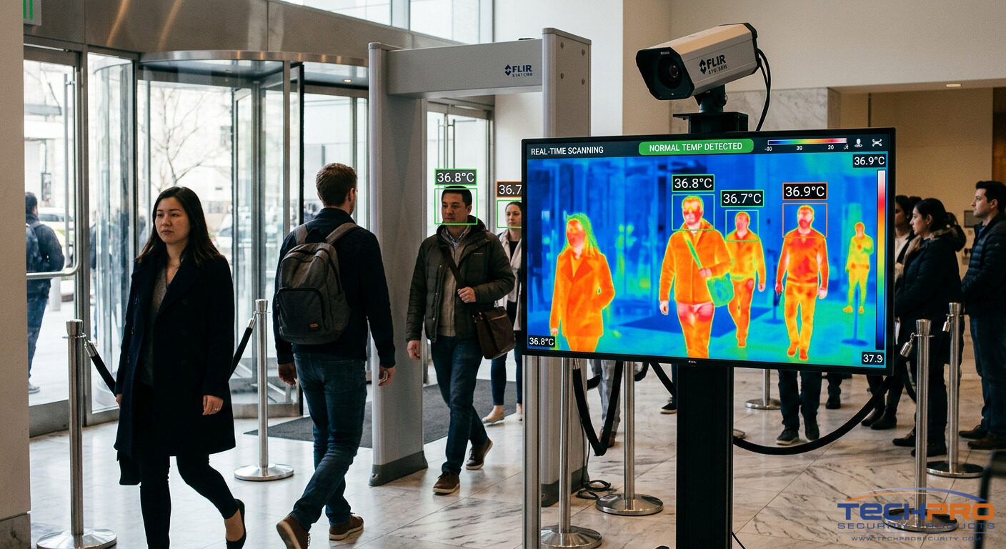 Thermal body temperature monitoring screen showing real-time heat signatures