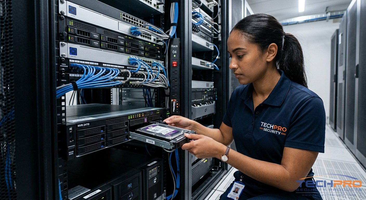 TechPro technician repairing NVR recording system in server rack