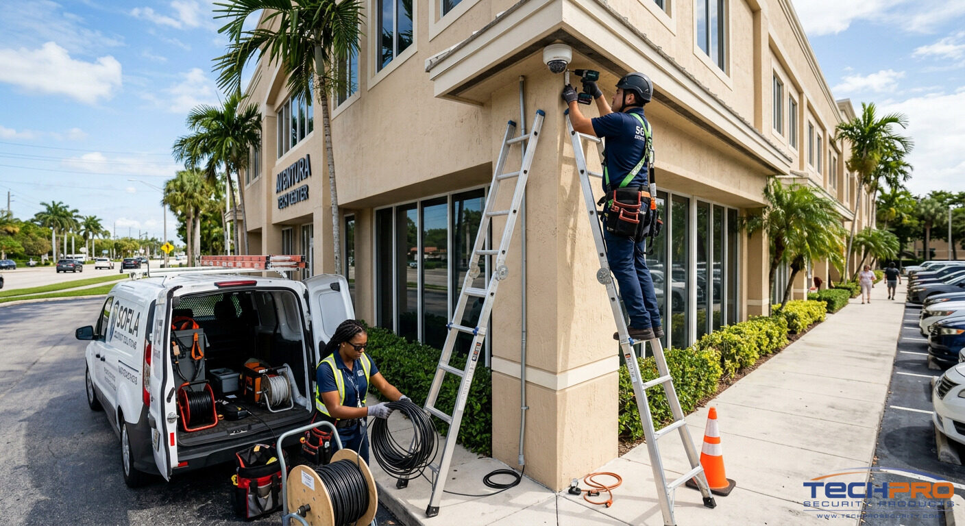 TechPro Security installation team mounting a camera on a commercial building in South Florida