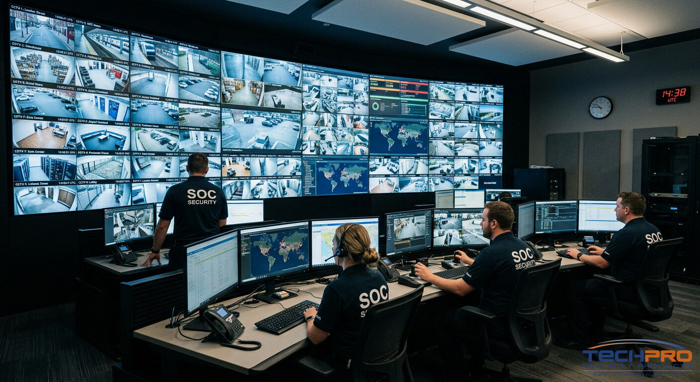 Professional security operations center with wall of monitors displaying camera feeds