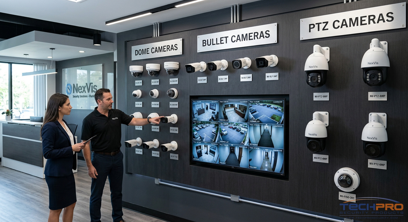 Array of professional security camera types including dome, bullet, and PTZ cameras