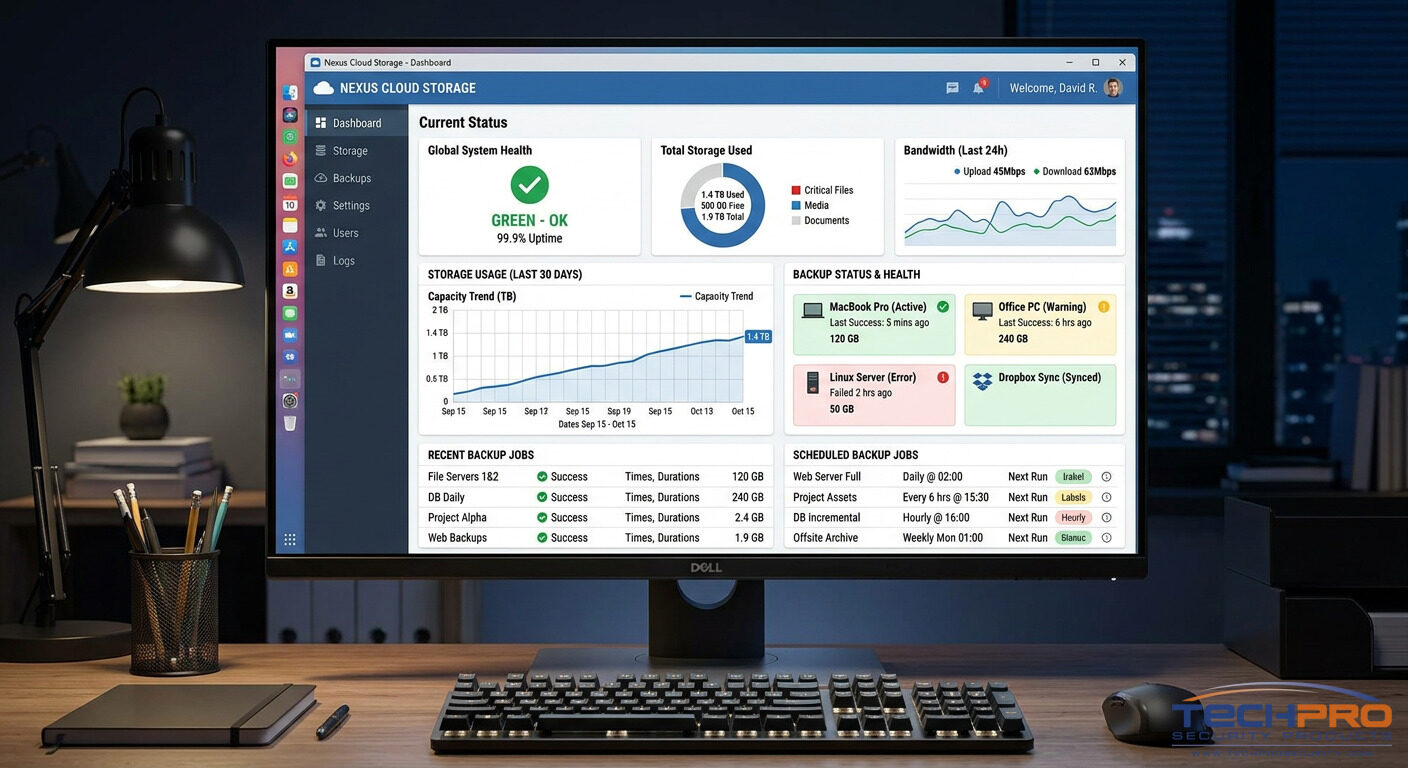 Cloud storage management dashboard showing backup status and storage usage analytics
