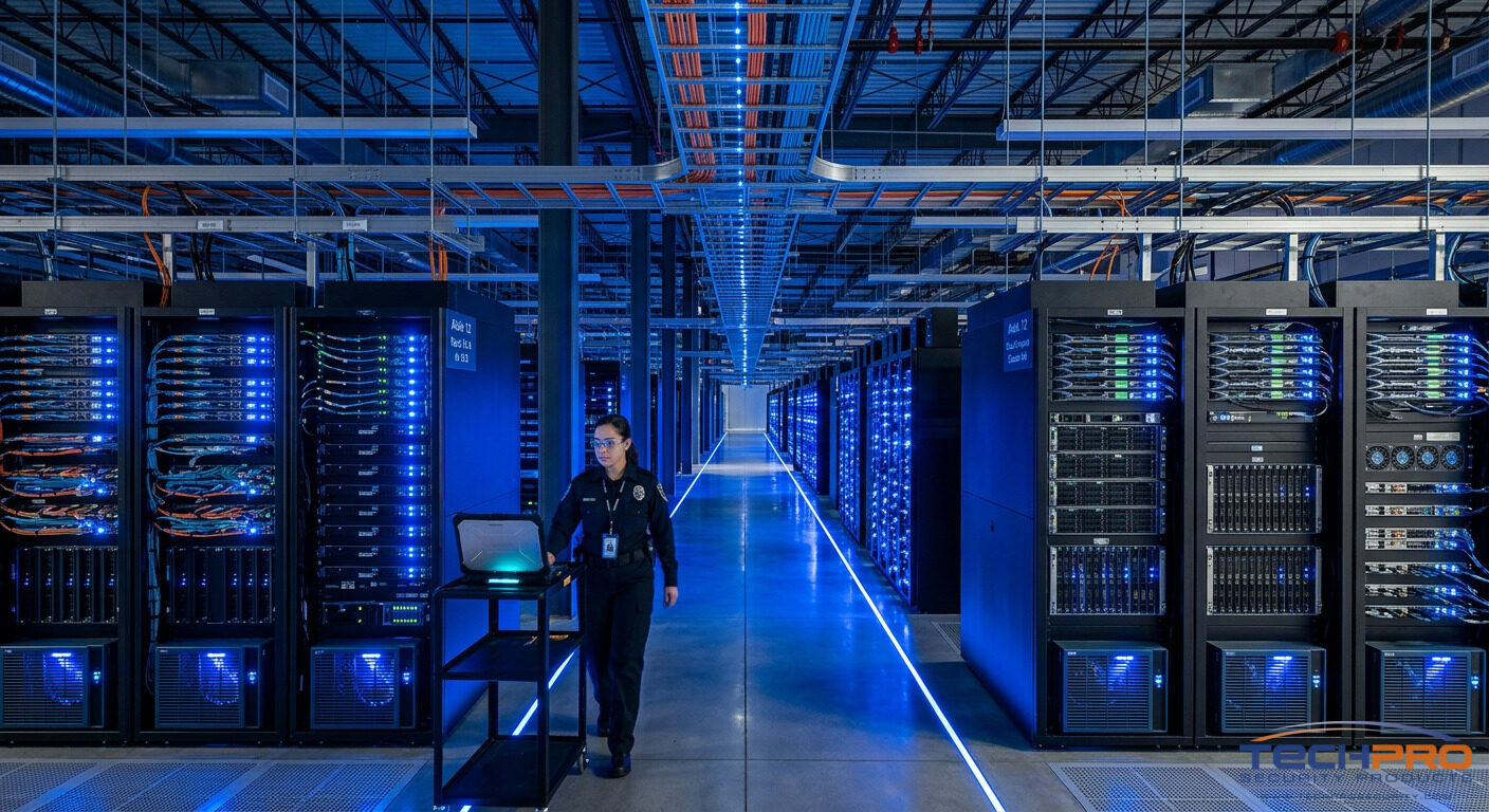 Modern cloud data center infrastructure with enterprise server rows and cooling systems