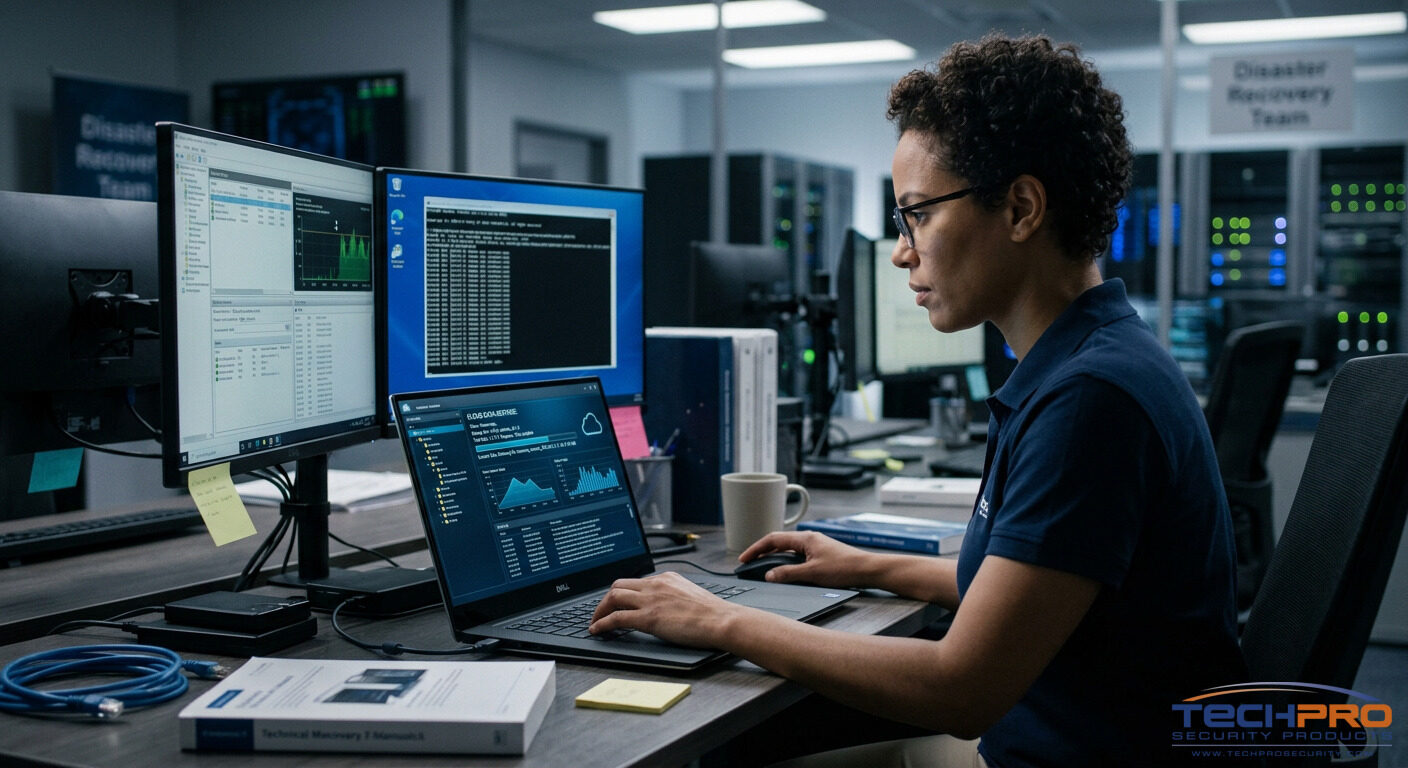 IT professional performing data recovery from cloud backup on laptop workstation