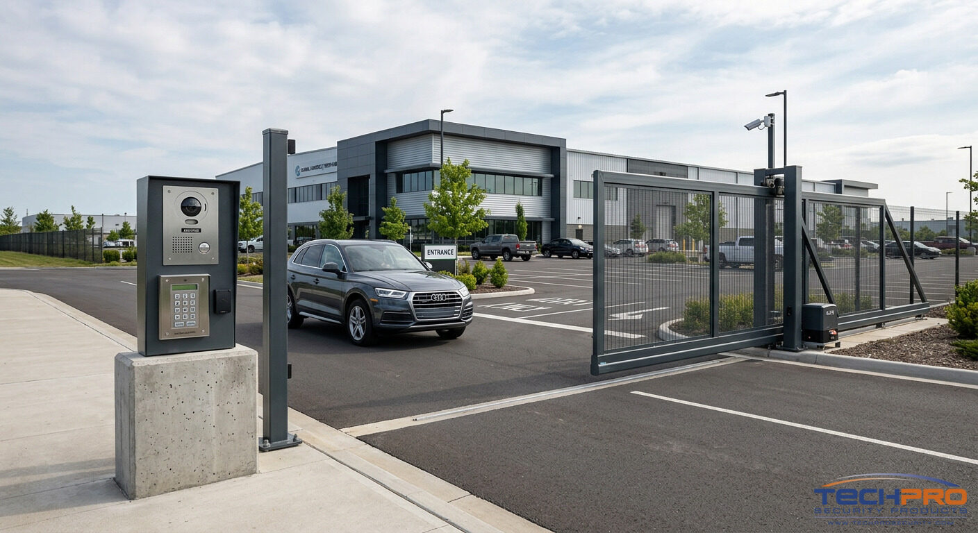 Commercial automatic sliding gate with access control keypad at parking lot entrance