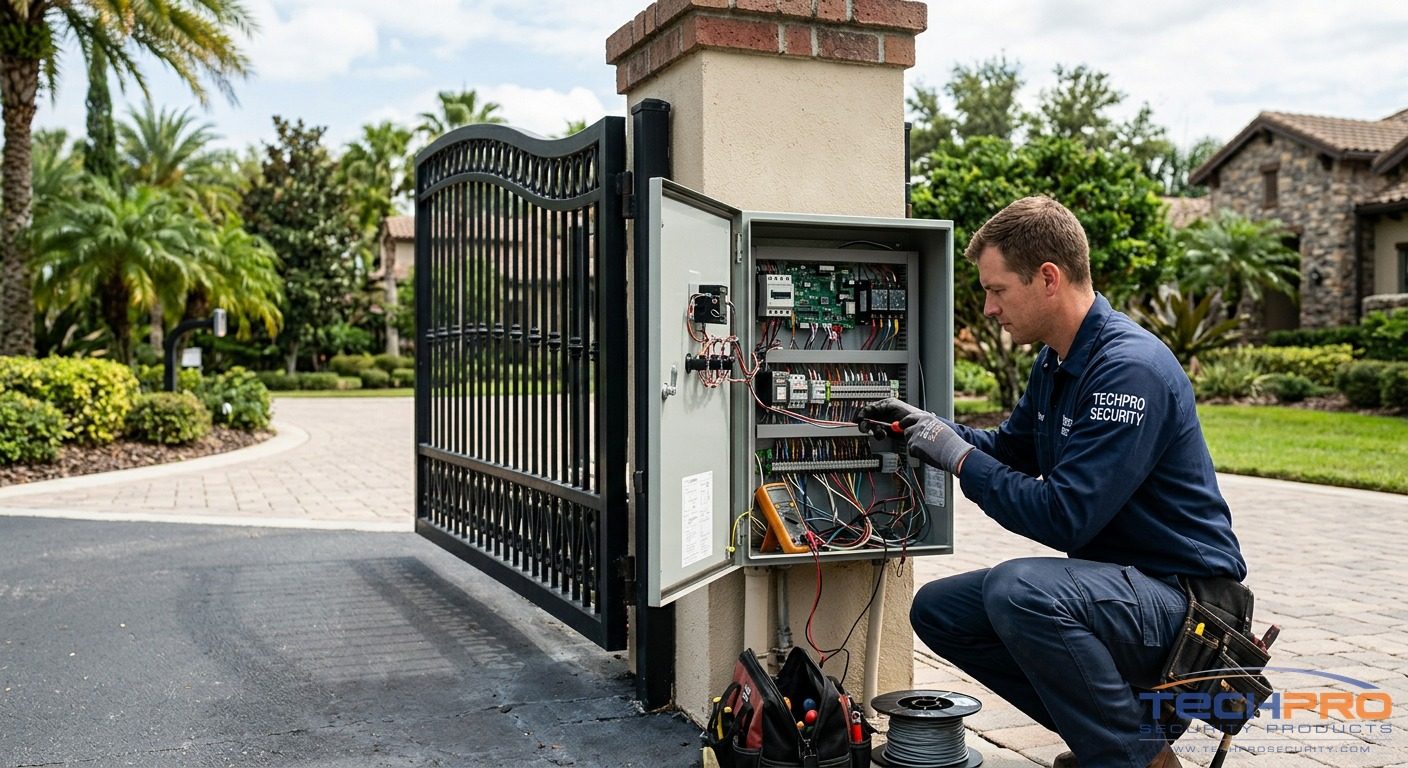 TechPro technician installing automatic gate operator motor on commercial gate