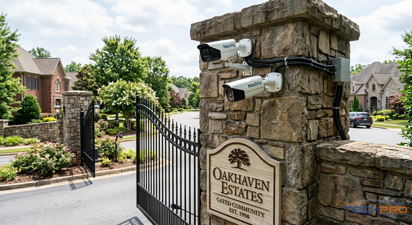 Security cameras on perimeter wall of gated HOA community, South Florida