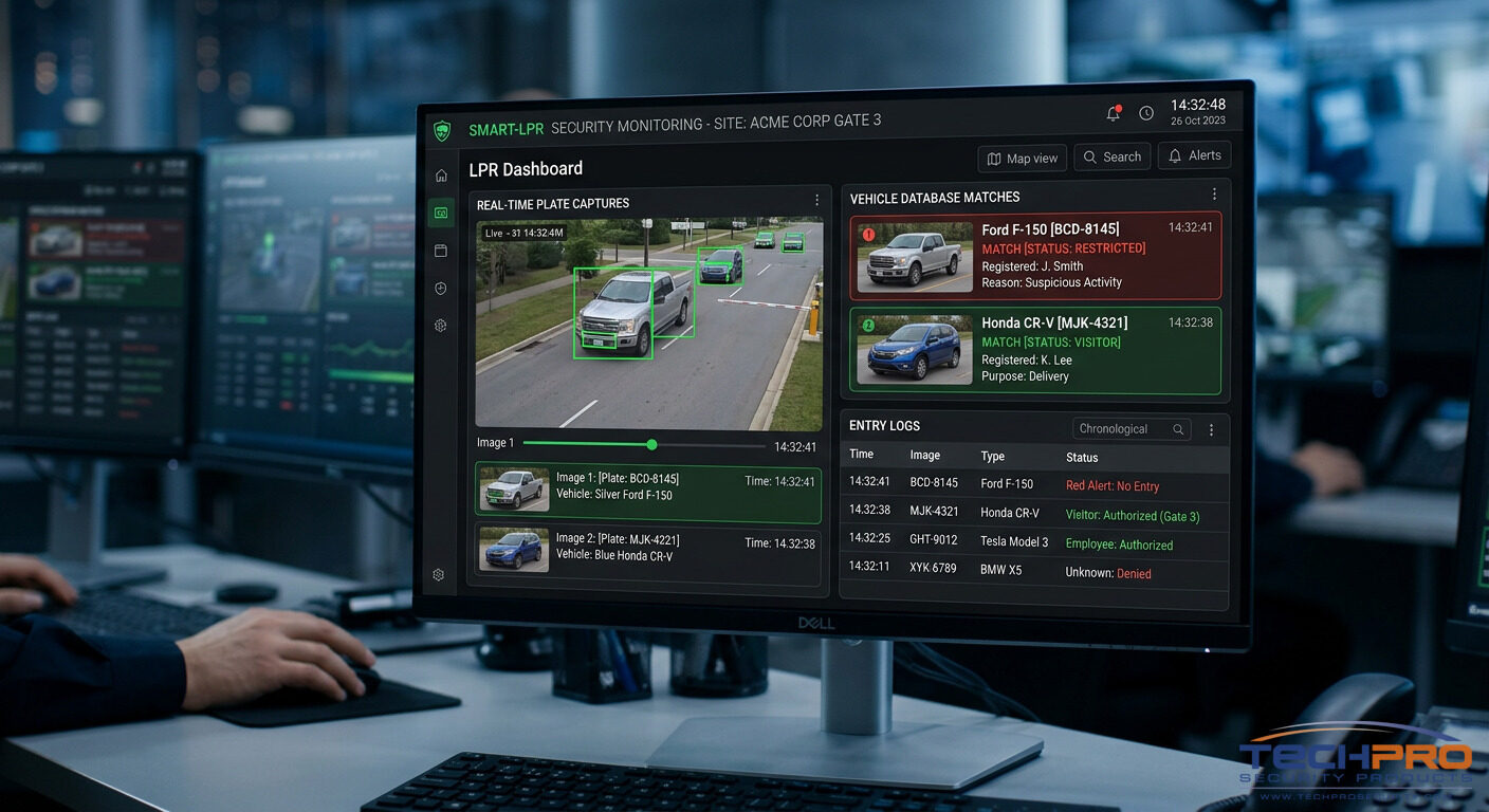 LPR system security dashboard showing real-time plate captures, vehicle logs, and entry records