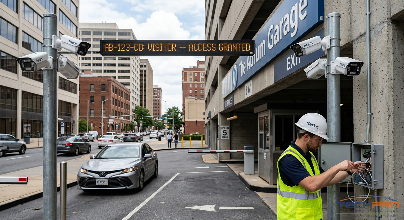 License plate recognition cameras at parking garage entrance and exit for automatic vehicle identification