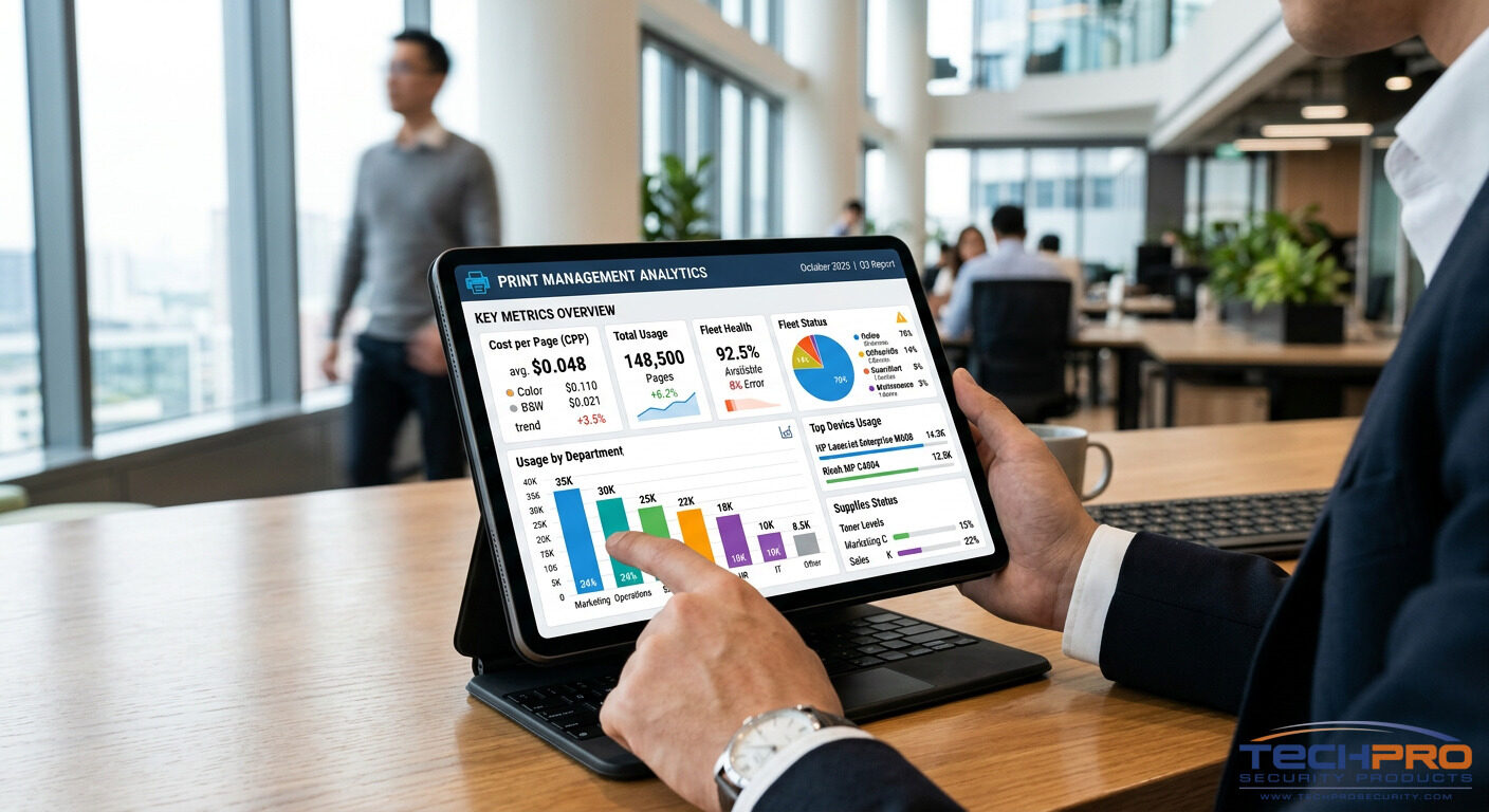 Print management analytics dashboard showing cost per page and fleet usage metrics