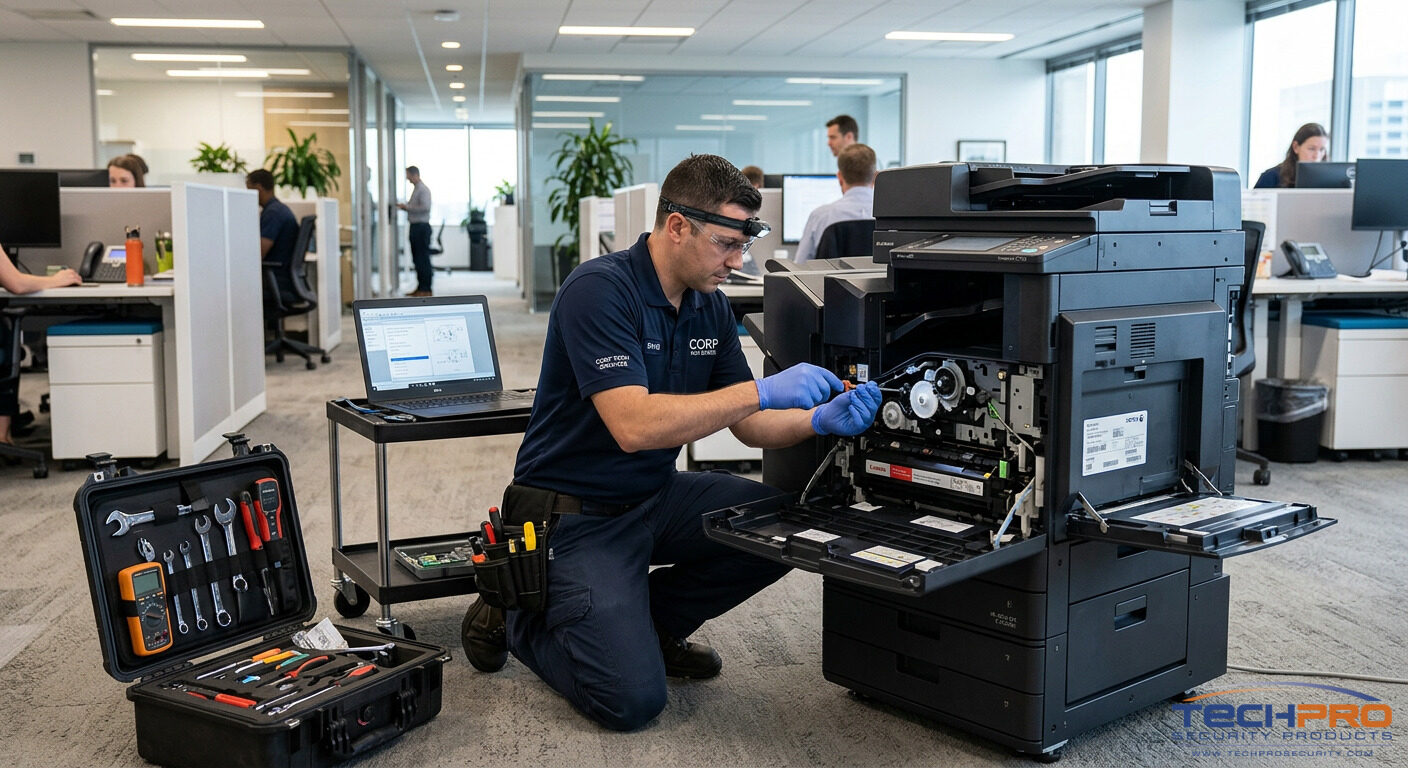 IT technician servicing a commercial multifunction printer on-site