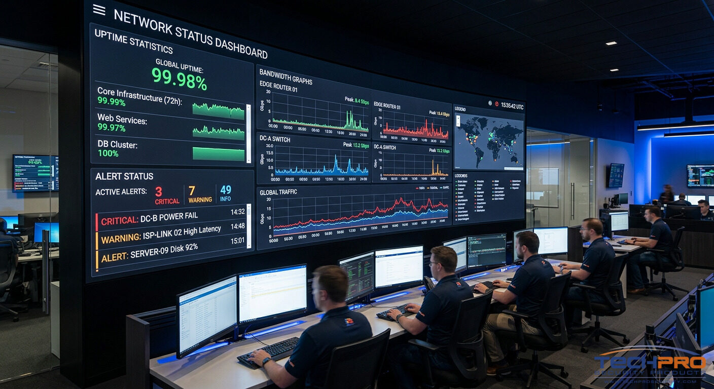 Network monitoring dashboard showing uptime statistics and bandwidth graphs