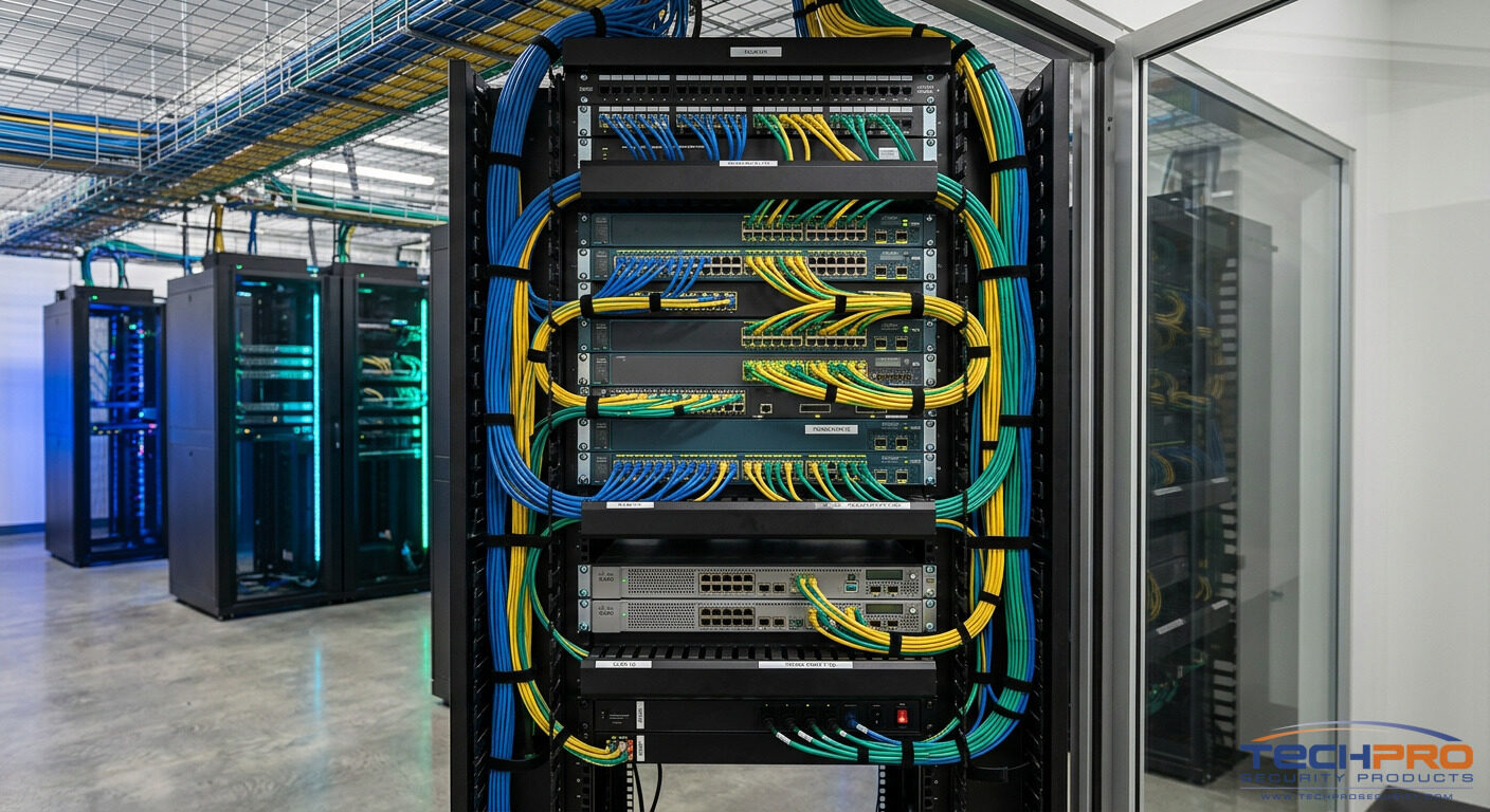 Enterprise network switches and routers with organized cabling in server rack