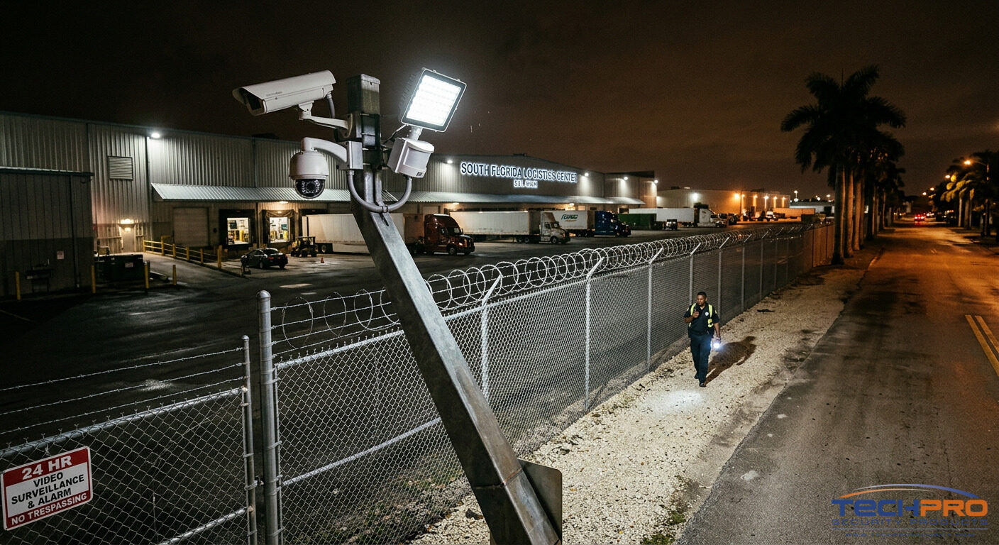 Security cameras on industrial perimeter fence with motion-activated lighting
