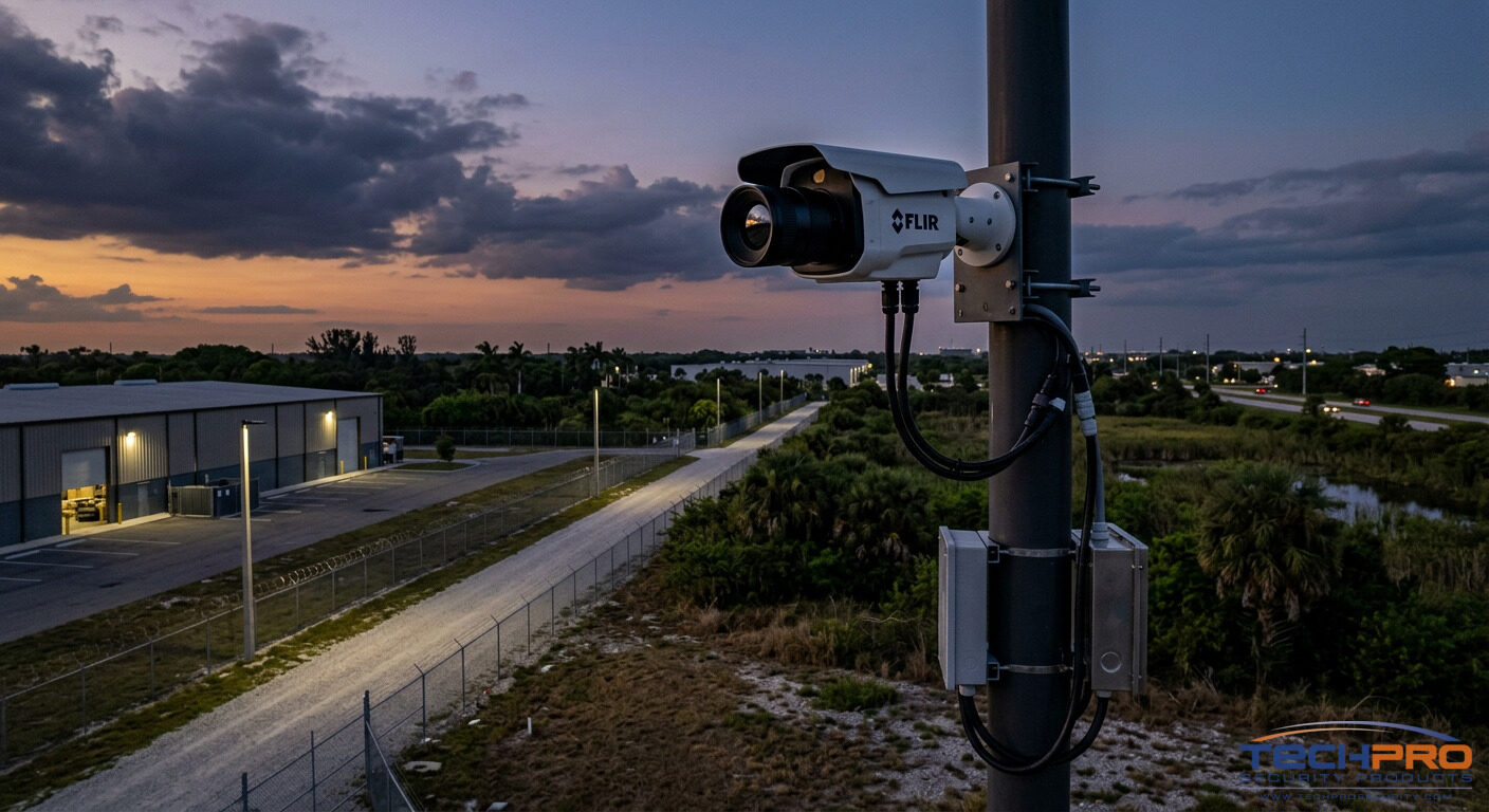 Thermal security camera on pole monitoring outdoor property perimeter at dusk