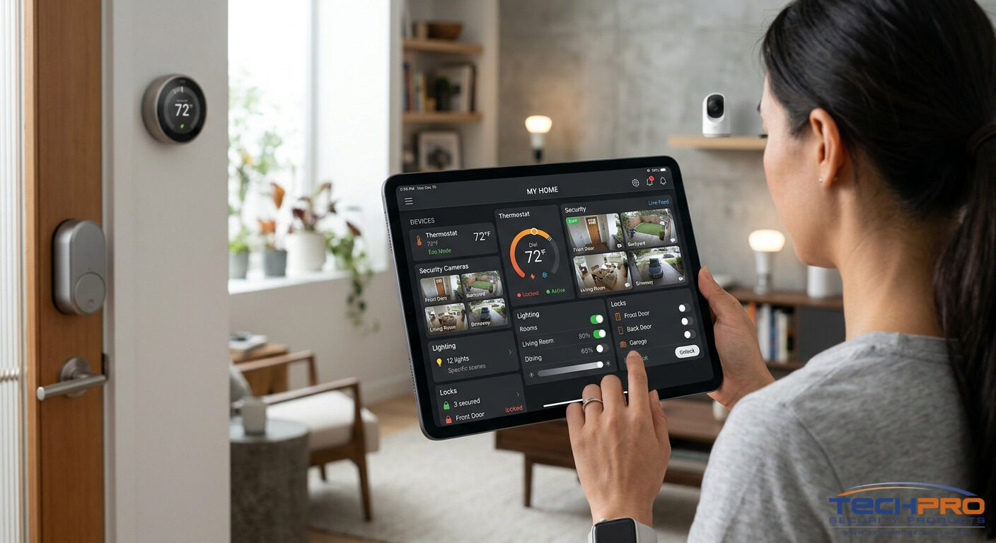 Smart home hub with connected devices visualization and voice control assistant