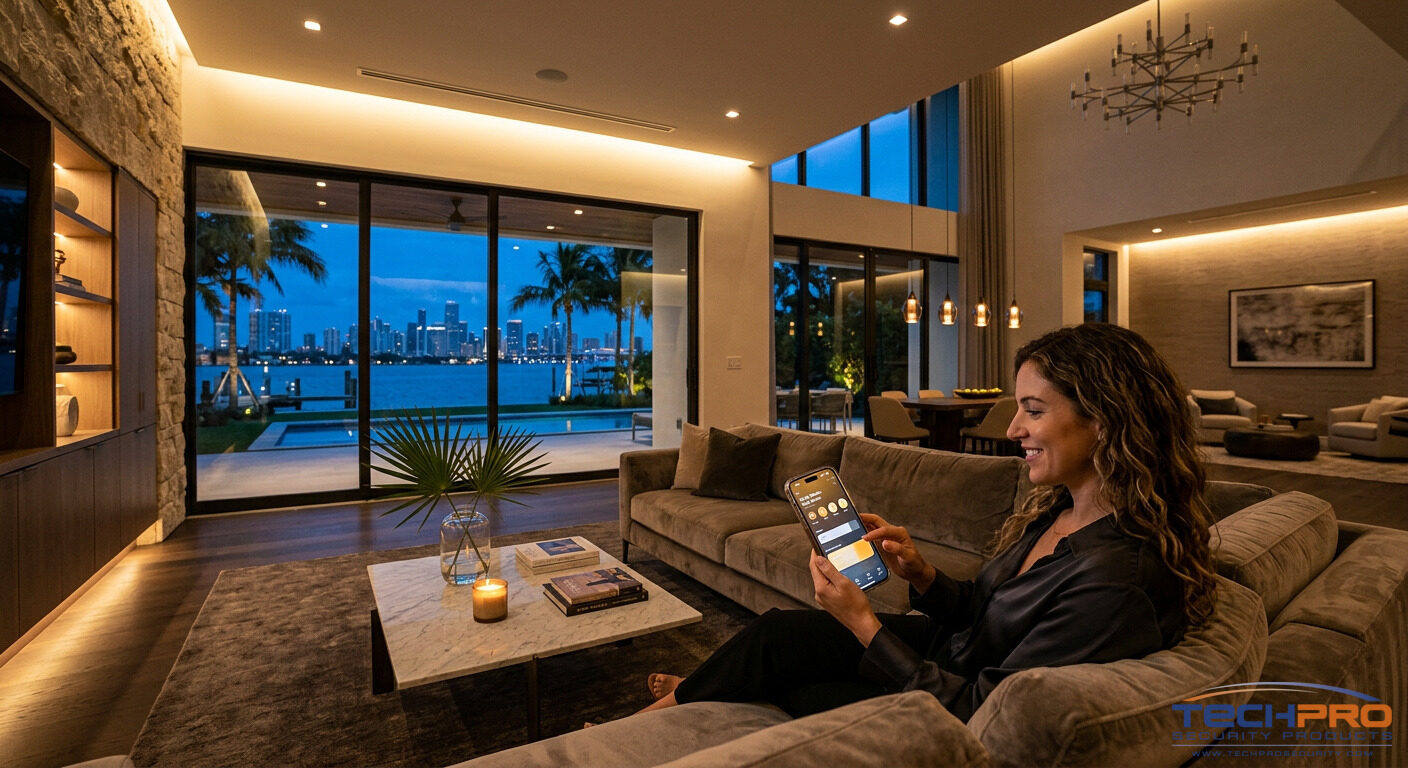 Smart home automated lighting scene in luxury living room with smartphone app control