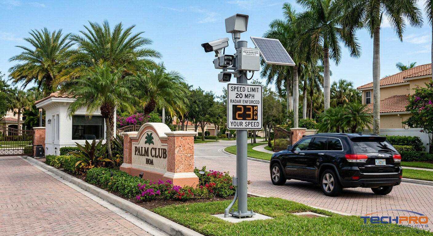 Speed enforcement radar camera system monitoring vehicle traffic in HOA community