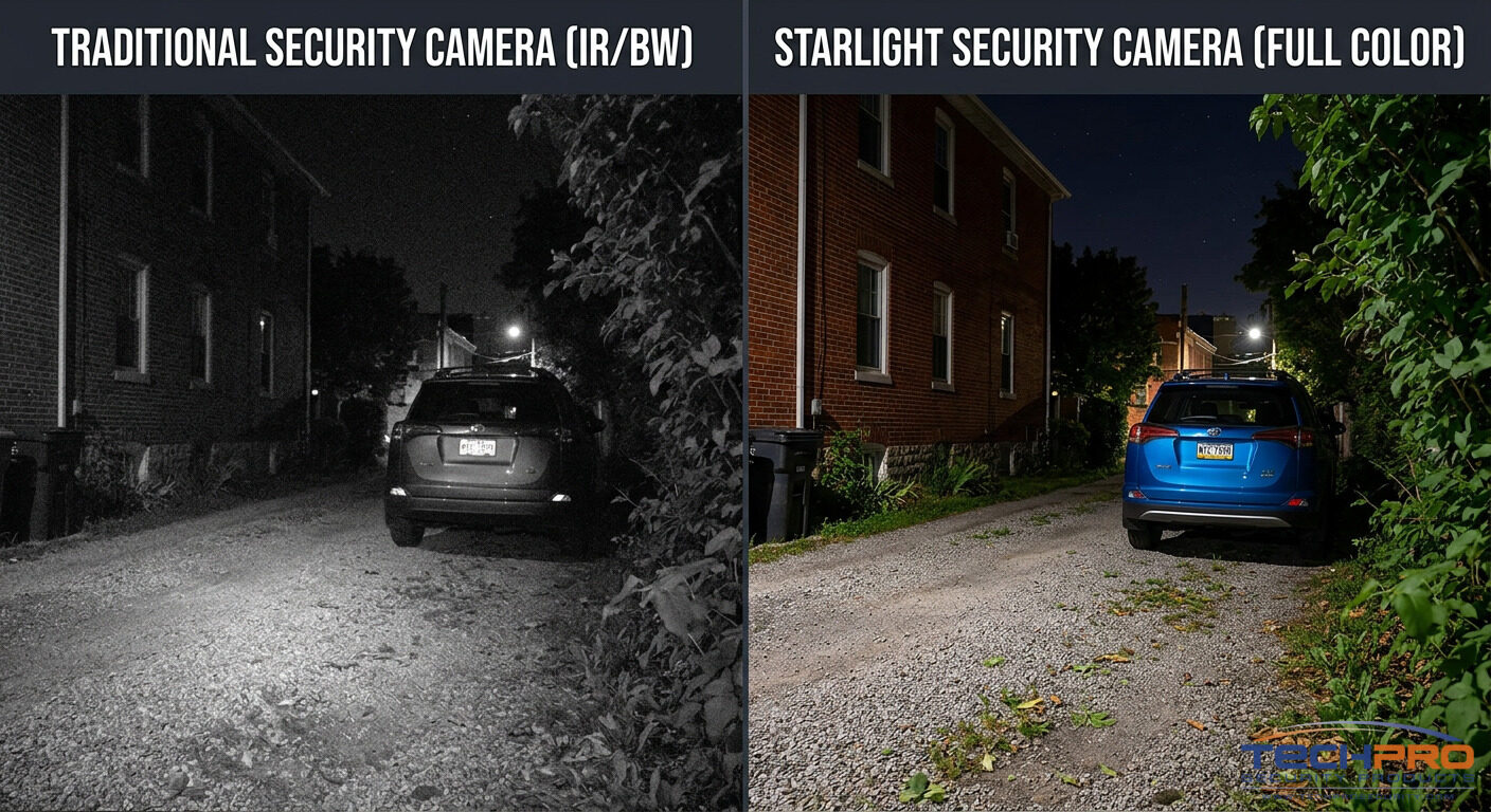 Side-by-side comparison of traditional IR camera vs starlight camera in low light conditions