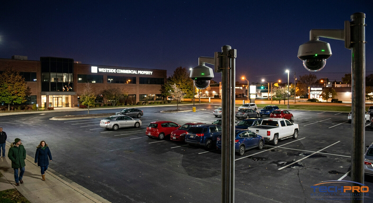 Starlight security cameras monitoring dark parking lot at night with full color footage