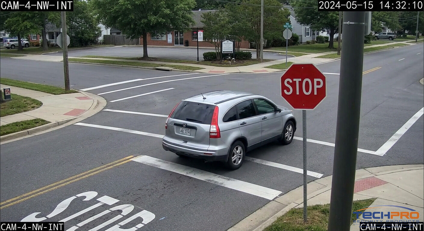 Stop sign violation camera capturing vehicle rolling through stop sign