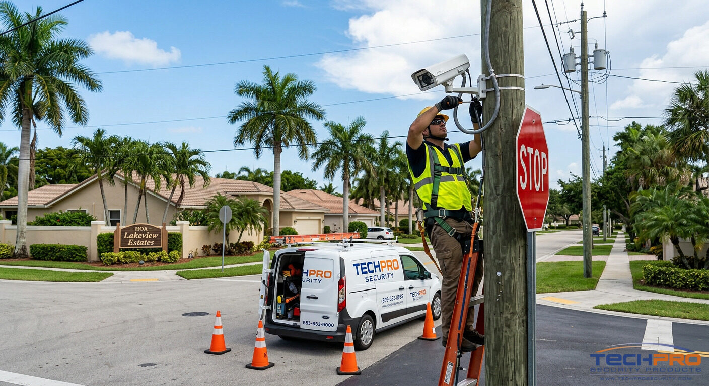 TechPro technician installing stop sign violation camera on pole at community intersection