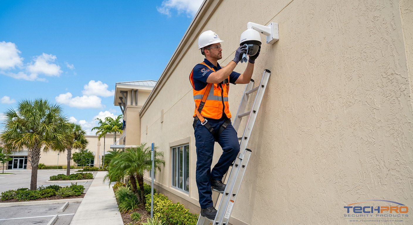 TechPro technician adjusting outdoor IP camera on commercial building