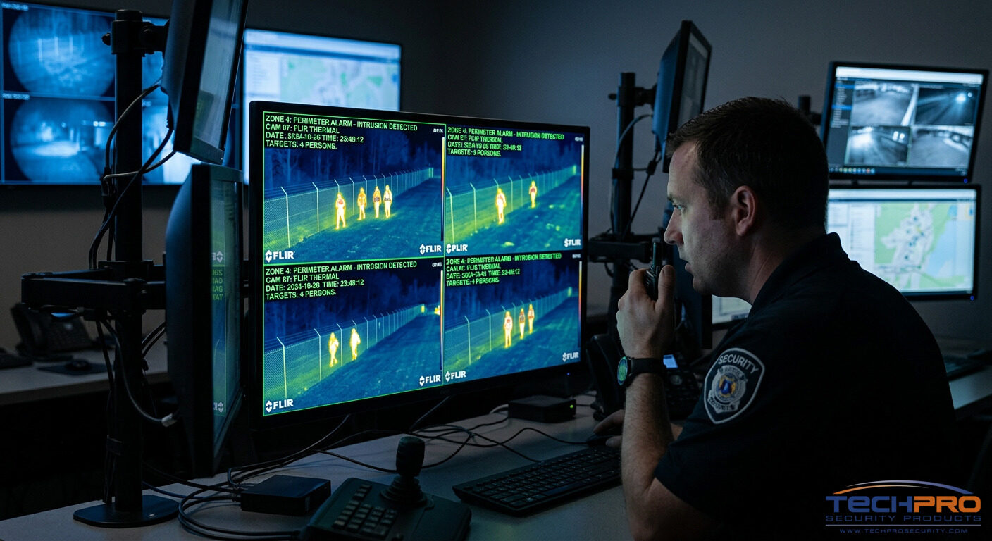 Thermal camera monitor showing heat signatures of intruders detected at night along perimeter