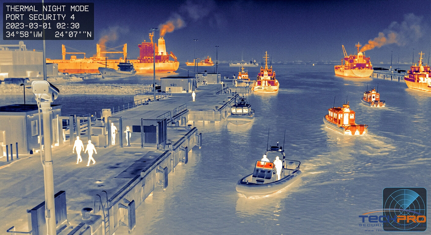Thermal security camera on marine facility dock detecting boats and individuals at night