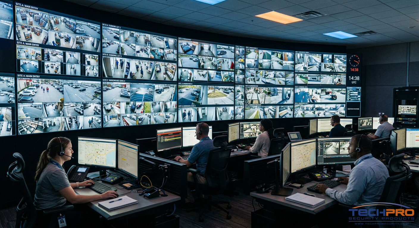 TechPro Security remote video monitoring command center with live camera feeds