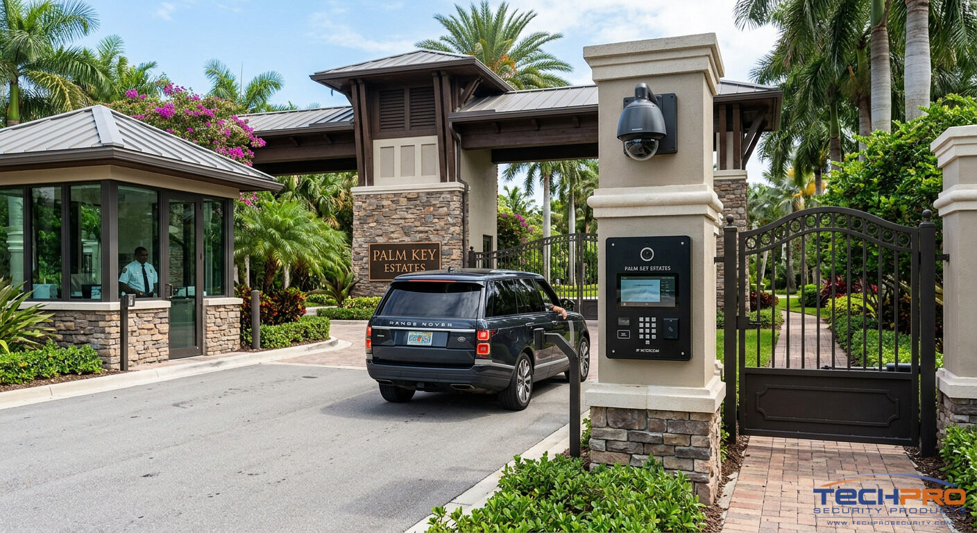Gated community entrance with IP video intercom and security camera, South Florida
