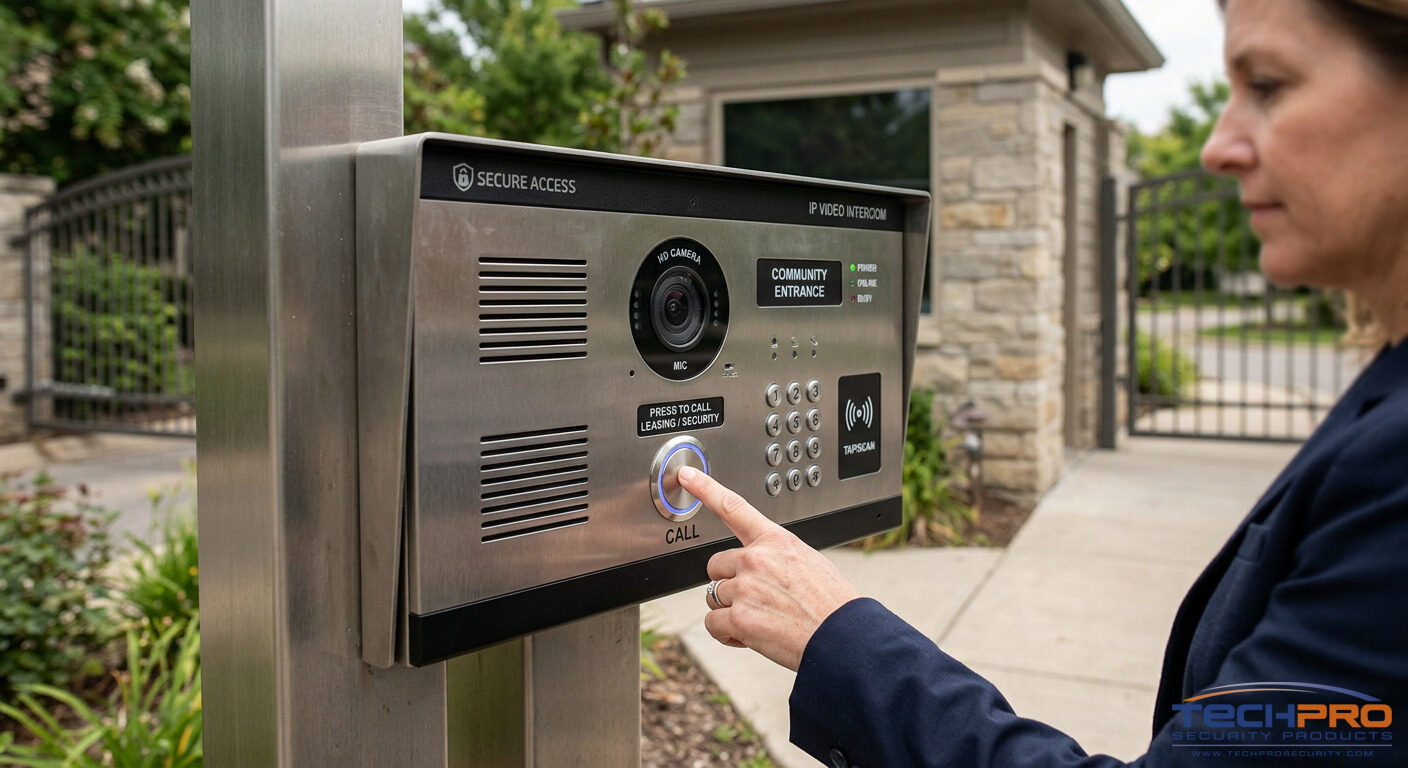 IP video intercom station at gated community entrance with visitor pressing call button