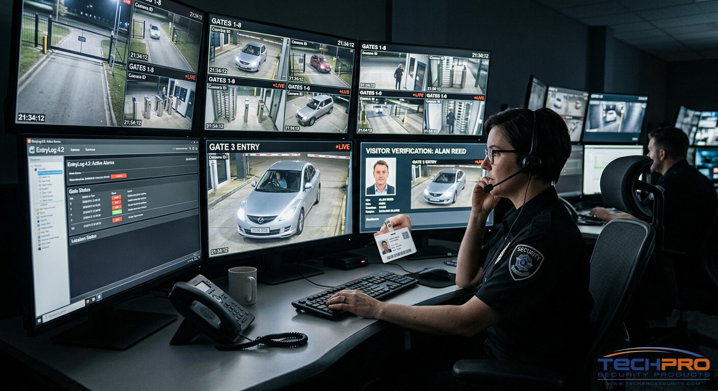 Remote security operator monitoring multiple gate camera feeds at professional workstation
