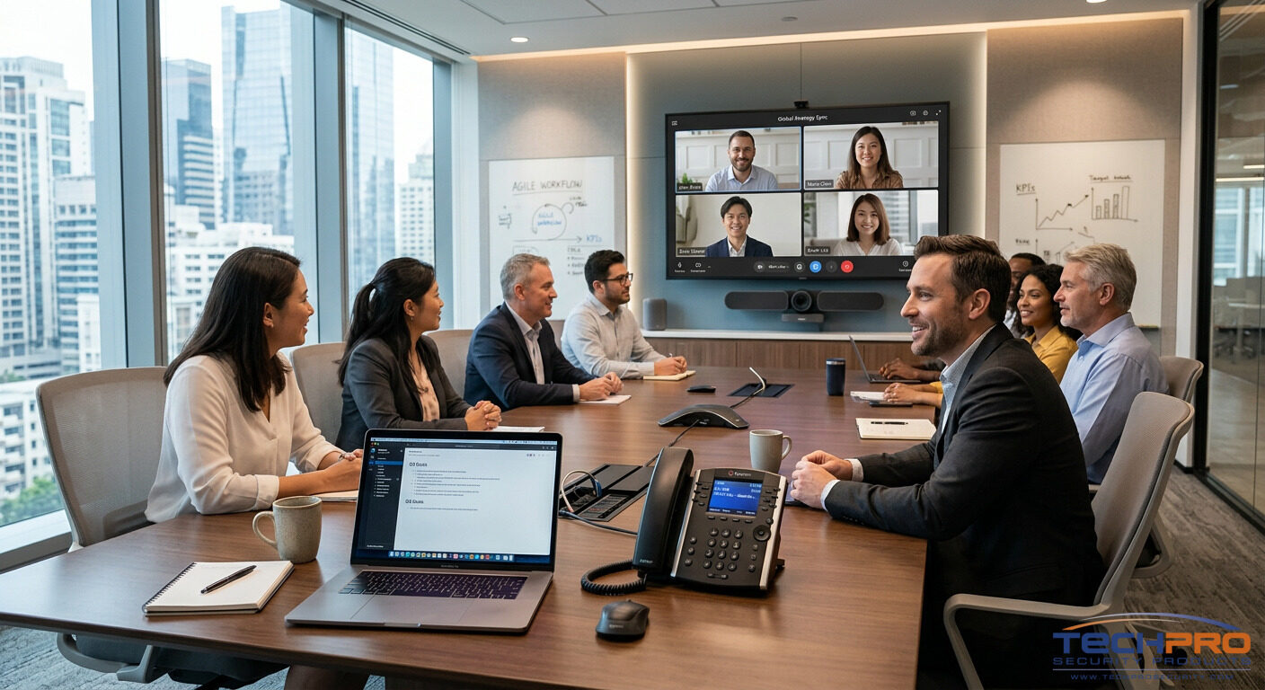 Modern business conference room with video conferencing system and IP phone for collaborative meetings