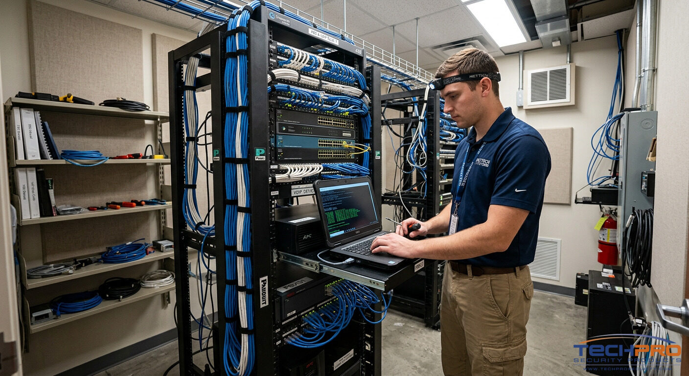 Network technician configuring VoIP PBX equipment in organized server room rack