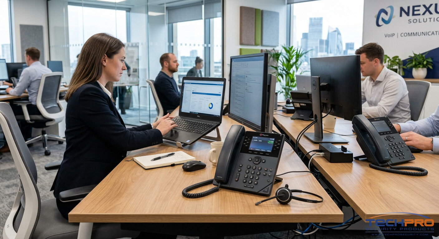 Modern IP desk phones deployed across professional business office environment
