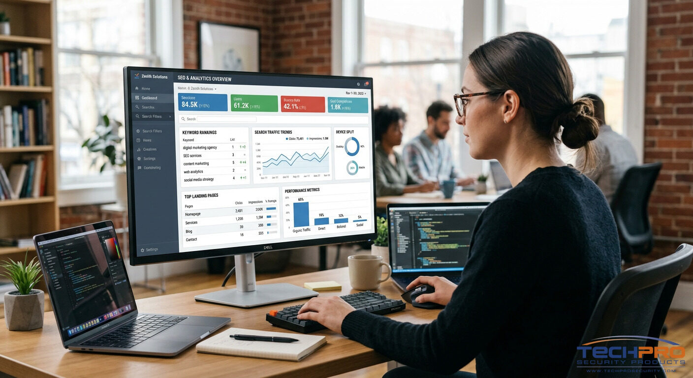 SEO and analytics dashboard showing keyword rankings and search traffic performance